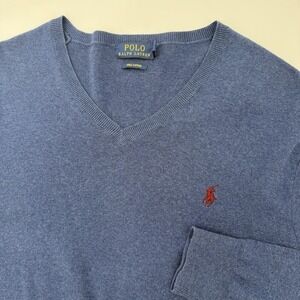 Polo Ralph Lauren Mens Size XL Pima Cotton V-Neck Knit Sweater Dark Blue Heather